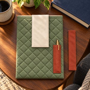 May include: A quilted olive green fabric tablet or notebook sleeve featuring a vertical cream-colored strap closure, a rectangular rust-colored pen holder pocket with a gold pen inserted, and a separate matching rust-colored fabric bookmark.