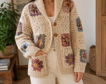 Flower Granny Square Cardigan Crochet Pattern PDF, Button Front & Pockets, XS-5XL