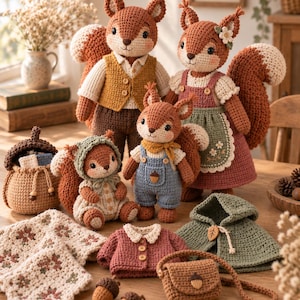 May include: A collection of crocheted squirrel dolls in various sizes, wearing detailed outfits including vests, dresses, and overalls. Accessories include a crocheted acorn-shaped bag, a small satchel, a green hooded cape, and two small acorns.