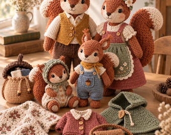 Squirrel Crochet Pattern PDF, Amigurumi Family of 4 with Removable Clothes, Woodland Dress Up Set, Digital Download