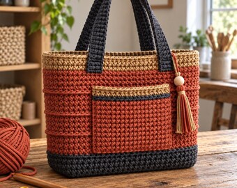 Crochet Tote Bag Pattern PDF, Chunky 5 mm Cotton Cord with Front Pocket