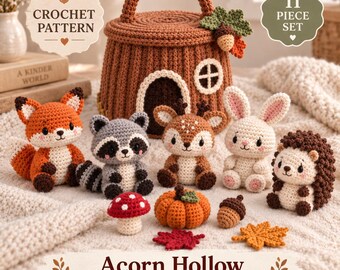 Woodland Animals Crochet Pattern PDF, Forest Friends Amigurumi Carry-Along Playset with Stump Basket
