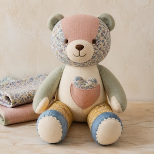 Memory Bear Sewing Pattern PDF, Patchwork Keepsake Teddy from Loved One's Clothing, Removable Heart, 8 Sizes