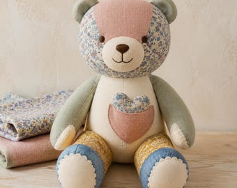 Memory Bear Sewing Pattern PDF, Patchwork Keepsake Teddy from Loved One's Clothing, Removable Heart, 8 Sizes