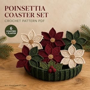 Christmas Poinsettia Coaster Crochet Pattern PDF, Six Flowers with Display Planter