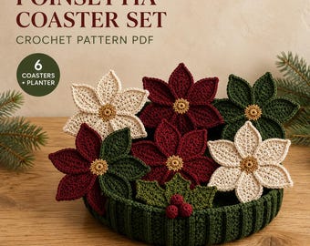 Christmas Poinsettia Coaster Crochet Pattern PDF, Six Flowers with Display Planter