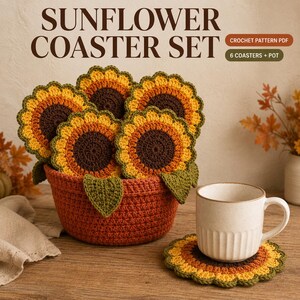Sunflower Coaster Crochet Pattern PDF, 6 Flower Coasters with Pot Holder, Illustrated Instant Download