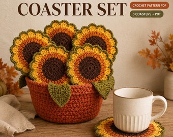 Sunflower Coaster Crochet Pattern PDF, 6 Flower Coasters with Pot Holder, Illustrated Instant Download