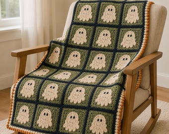 Ghost Granny Square Blanket Crochet Pattern PDF, Halloween Baby Afghan, Instant Download