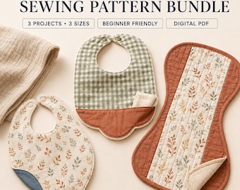 Baby Bib and Burp Cloth Sewing Pattern PDF, 3-Project, 3-Size Beginner Bundle