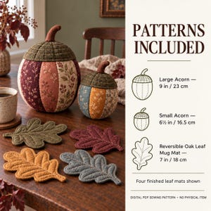 Puede incluir: Patrón de costura para bellotas de tela y posavasos con forma de hoja. Incluye una bellota grande de 23 cm, una pequeña de 16,5 cm y un posavasos de hoja de roble reversible de 18 cm. Texto: PATTERNS INCLUDED, DIGITAL PDF SEWING PATTERN, NO PHYSICAL ITEM.