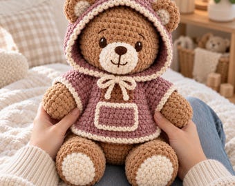 Teddy Bear Crochet Pattern PDF, Chunky Amigurumi Plush Toy with Removable Hooded Poncho