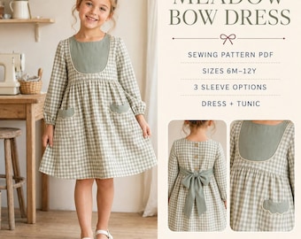 Girls Dress Sewing Pattern PDF: Meadow Bow, 3 Sleeves, Dress and Tunic, Sizes 6M–12Y