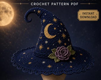 Crochet Witch Hat Pattern PDF, Celestial Moon and Stars Adult Halloween Costume, Wide Brim Gothic Hat, Instant Download
