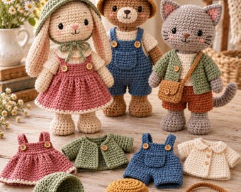 Crochet Animal Doll Pattern PDF – Bunny, Bear & Cat Amigurumi Trio with Removable Clothes