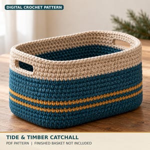 Crochet Basket Pattern PDF, Teal Cotton Cord Catchall with Built-In Side Slots