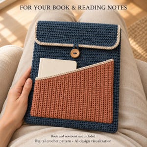 May include: A dark blue crochet book sleeve with a beige trim, a wooden button closure, and a terracotta-colored diagonal front pocket. The text FOR YOUR BOOK & READING NOTES is visible at the top, with additional text at the bottom.