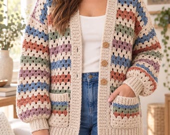 Crochet Cardigan Pattern PDF, Striped Granny Stitch Women’s Sweater with Pockets, XS-5XL
