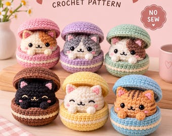 Macaron Cat Crochet Pattern PDF, 6 Kawaii Kitty Colorways, Low Sew Amigurumi Tutorial