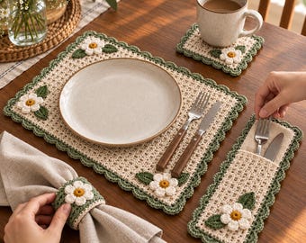 Crochet Placemat Pattern PDF, Daisy Table Set with Coaster, Cutlery Sleeve & Napkin Ring