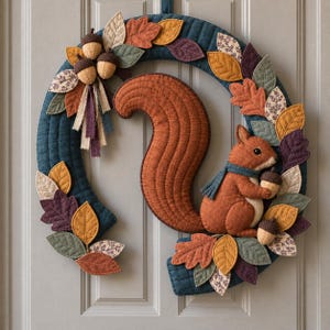 May include: A fabric wreath featuring a dark teal quilted base decorated with various felt leaves in shades of orange, yellow, purple, and green. A plush brown squirrel with a blue scarf holds an acorn, accompanied by fabric acorns and ribbons.
