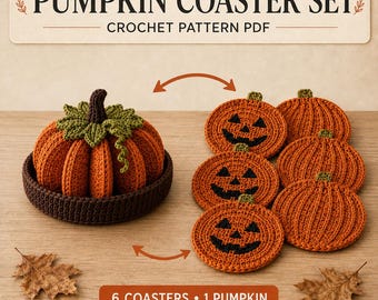 Pumpkin Coaster Crochet Pattern PDF, Reversible Set of 6 Forms a 3D Jack O Lantern