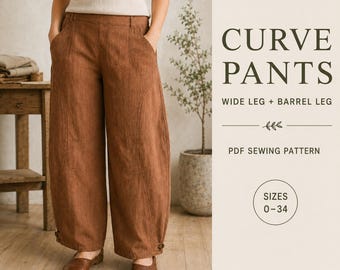 Wide Leg Pants Sewing Pattern PDF for Women, Barrel Leg Option, Elastic Waist Trousers with Pockets, Sizes 0-34