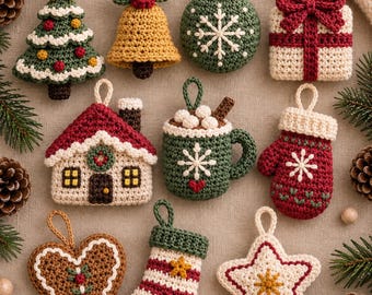 Christmas Crochet Ornament Pattern Bundle, 10 Holiday Tree Decorations PDF