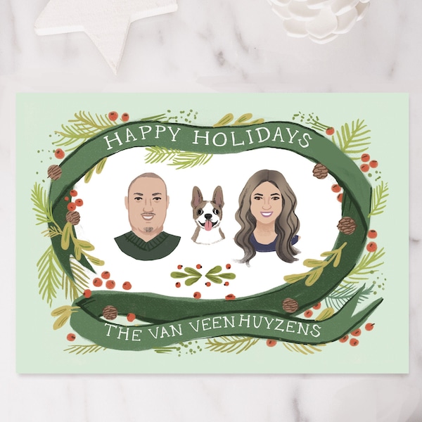Custom Illustrated Family Portrait Christmas Card -  Personalized Family Drawing - Banner - Printable DIY Christmas - Digital File Only 5x7