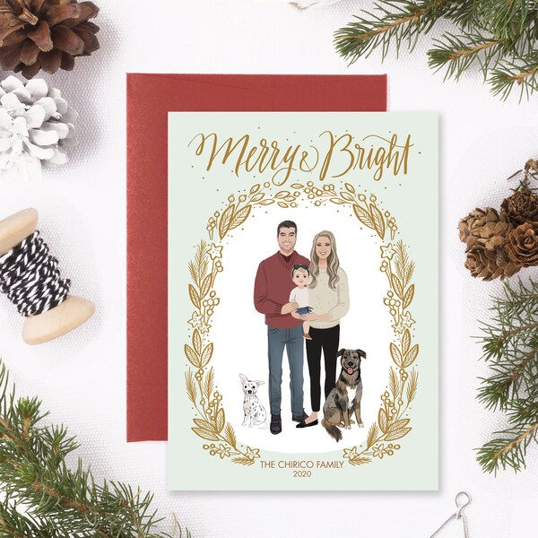 Custom Illustrated Family Portrait Christmas Card - Personalized Family Drawing - Wreath- Printable DIY - Digital File Only 5x7