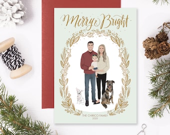 Custom Illustrated Family Portrait Christmas Card - Personalized Family Drawing - Wreath- Printable DIY - Digital File Only 5x7