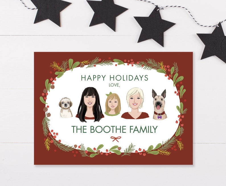 Custom Illustrated Family Portrait Christmas Card -  Personalized Family Drawing - Wreath - Printable DIY Christmas - Digital File Only 5x7 