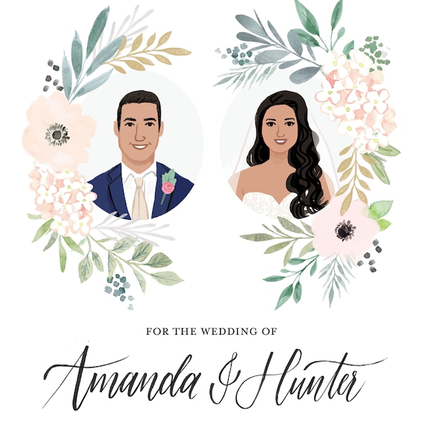 Retrato de pareja ilustrado personalizado Guarde la tarjeta de fecha - DIY imprimible - Solo archivo digital