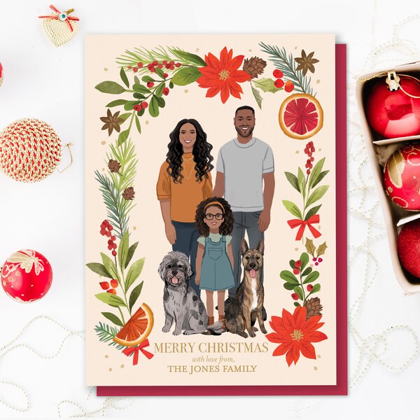 Custom Illustrated Family Portrait Christmas Card - Personalized Family Drawing - Poinsettia Wreath - Printable DIY - Digital File Only 5x7