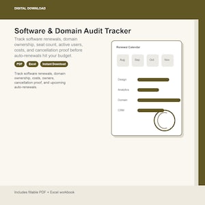 May include: A digital Software & Domain Audit Tracker template featuring a renewal calendar with monthly tabs for August through November. The layout includes sections for design, analytics, domain, and CRM, with PDF and Excel file format labels.