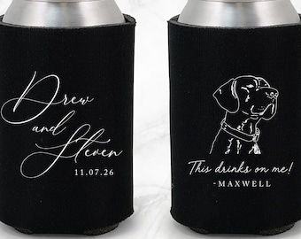 Custom pet portrait wedding or party beer can coolers: Drinks on me hand drawn dog illustration