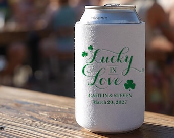 Lucky in Love shamrock design celebration can coolers for wedding or engagement party or baby shower