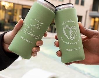 Oyster Roast Wedding Can Coolers: Coastal Party Favors in Skinny seltzer can size cooler