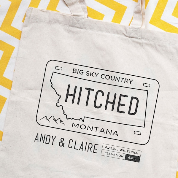 Montana license plate wedding tote, montana wedding favor, custom wedding tote bag, custom tote, personalized wedding bag, MT wedding favor