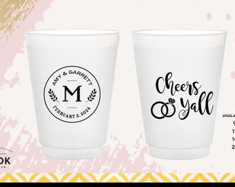 Cheers y'all monogram plastic cups, country wedding cups, wheat design cups, frosted party cups, custom wedding cups, funny beer cups C050