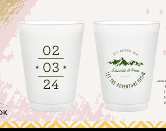 Let the adventure begin cups, adventure wedding cups, mountain range cup design, custom party cups, custom wedding gift, funny beer cup C059