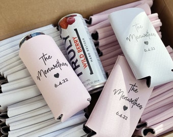 Styled Script last name wedding slim style coolie, Seltzer drink holder, skinny can cooler, wedding can cooler, SLIM wedding holder S0081