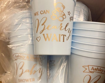 We Can Bearly Wait baby shower cup, custom baby shower cups, plastic party cups, baby shower bear theme, bearly wait for baby, baby shower