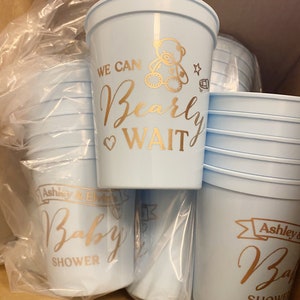 We Can Bearly Wait baby shower cup, custom baby shower cups, plastic party cups, baby shower bear theme, bearly wait for baby, baby shower image 1