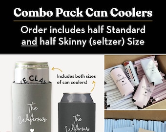 Combo pack skinny and standard can cooler, neon sign last name, can coolie, custom wedding favor, can sleeve, drink holder, beer holder B081