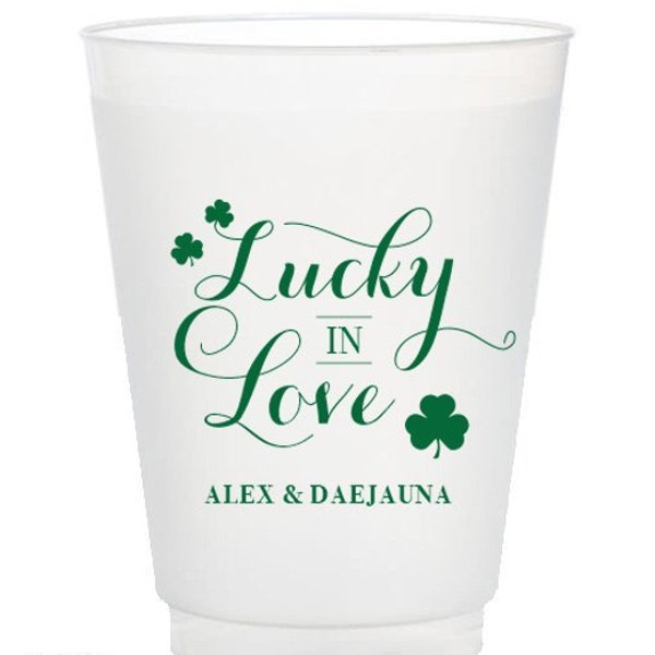 Lucky in Love plastic party cups, shamrock cup, plastic wedding cup, plastic barware, lucky in love, custom wine cup, personalized wedding