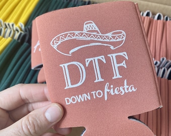 Down to Fiesta can coolie, DTF fiesta beer coolers, cinco de mayo wedding, sombrero favors, beer can sleeve, foam drink holder K0234