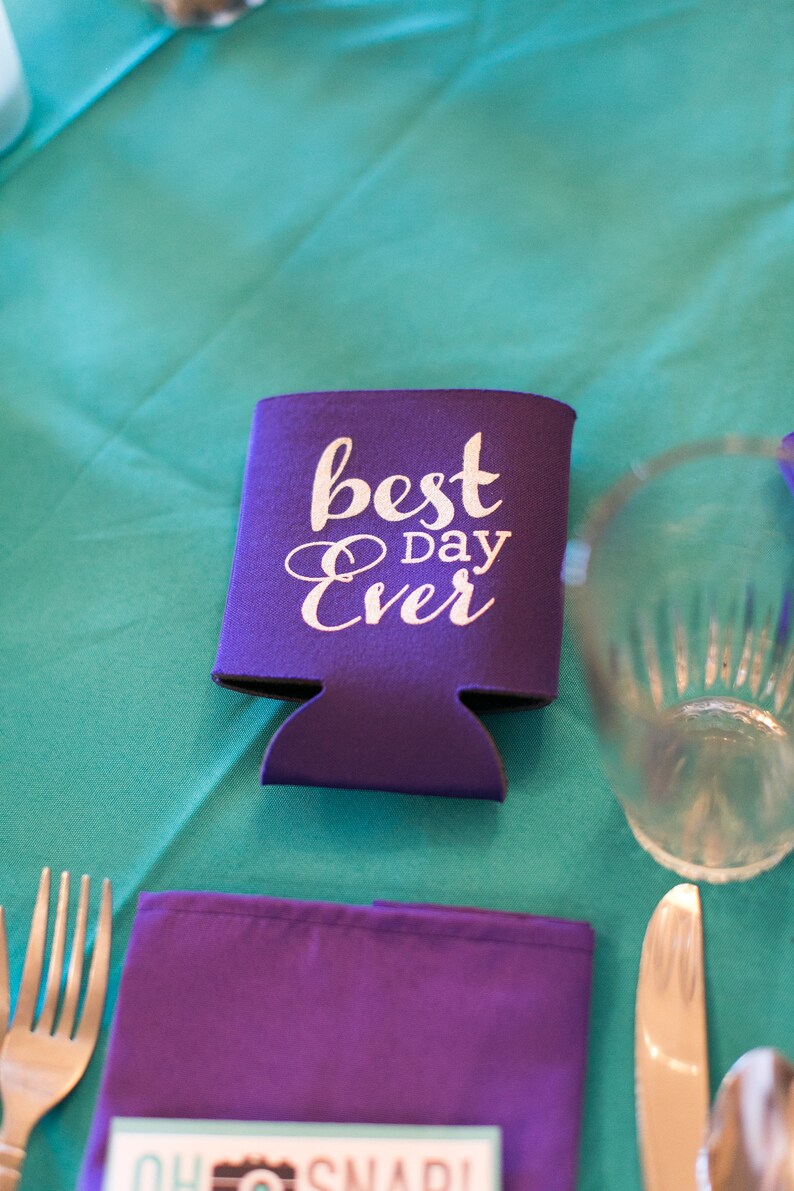 Wedding Can Coolers with Best Day Ever phrase metallic gold Etsy