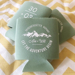 Let the adventure begin wedding can cooler, mountain can huggies, greatest adventure wedding favors, personalized wedding favor K0059