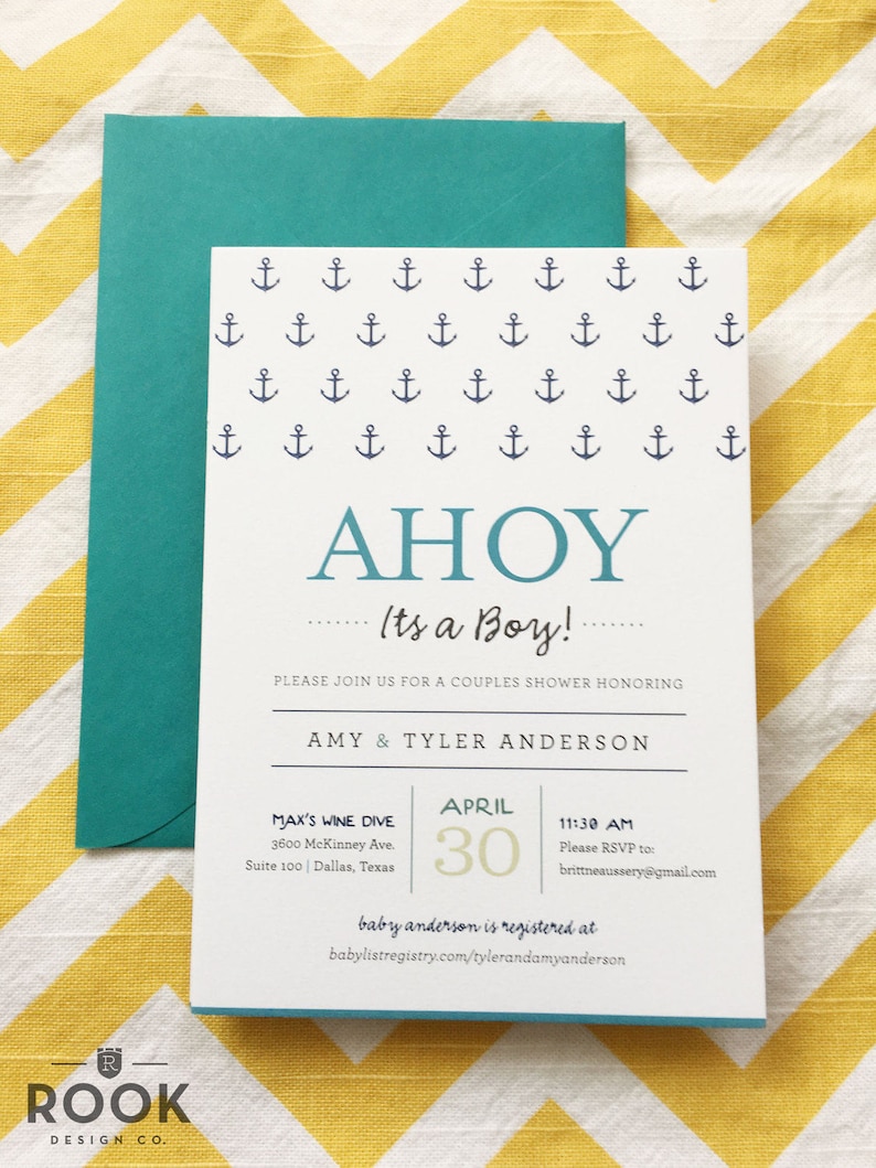 Ahoy Its A Boy Baby Shower Invitation Nautical Anchor Invite